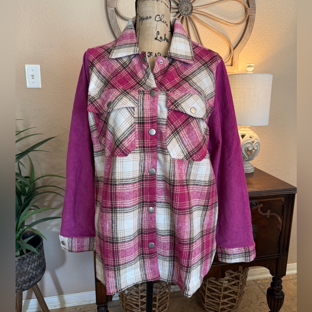 New Umgee Pink Plaid Corduroy Sleeve Shacket with Fringe Details